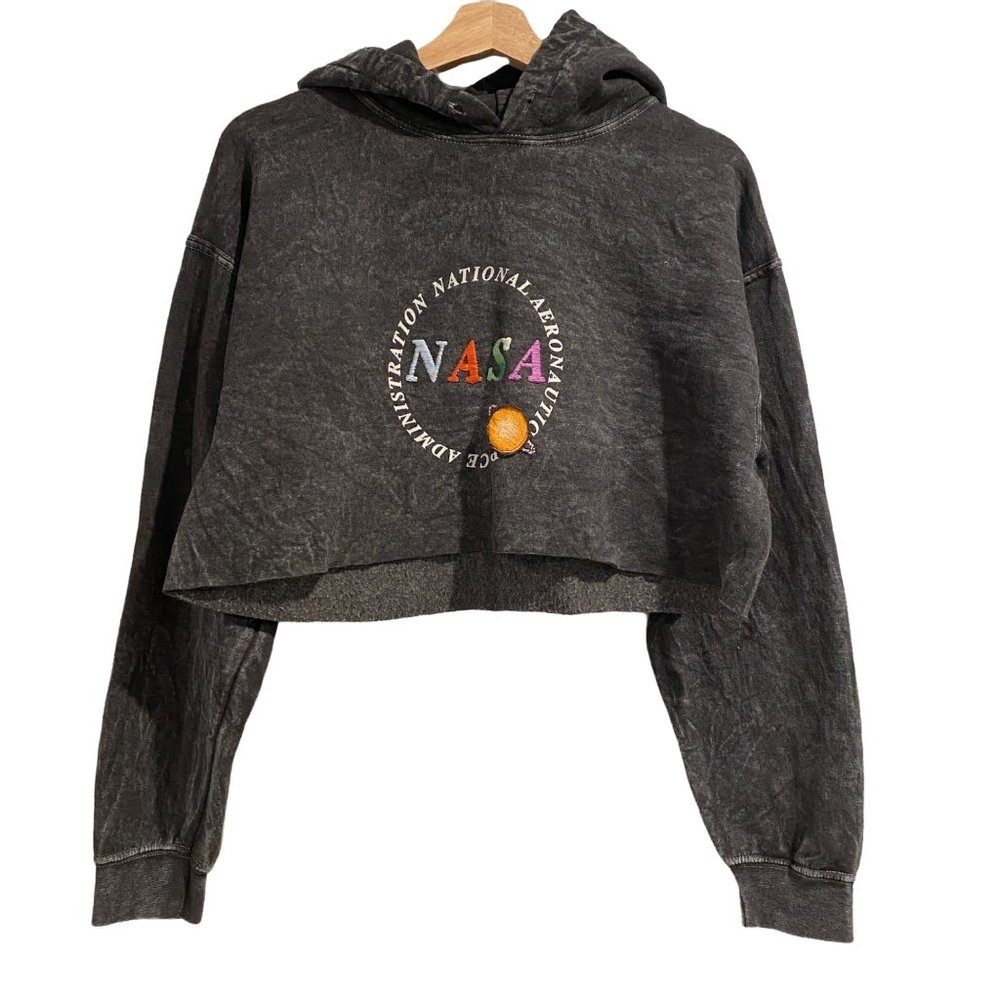Gray NASA Cropped Long Sleeve Pullover Hooded Sweater Small Cotton Womens
